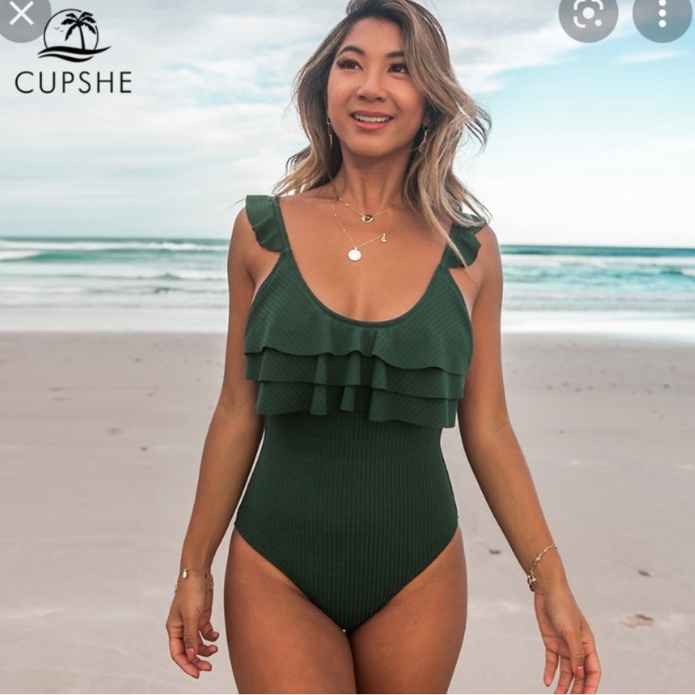 Cupshe Forest Green Ruffle One Piece Swimsuit NWOT